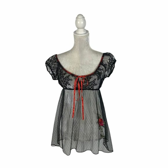 Victoria's Secret Other - Victoria's Secret Vintage Babydoll Nightie Mesh Lace Embroidered Rose Lingerie S